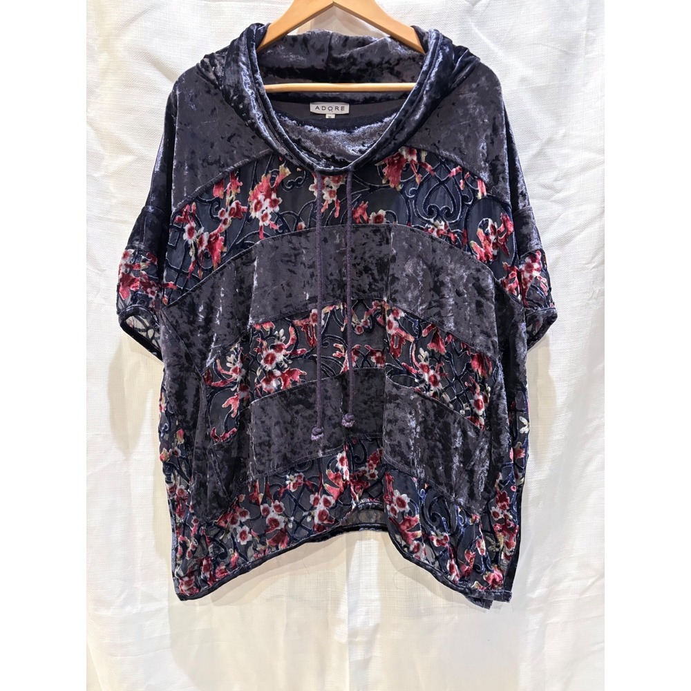 Adore Velvet Burnout Floral Cowl Neck‎ Poncho Top Purple XL